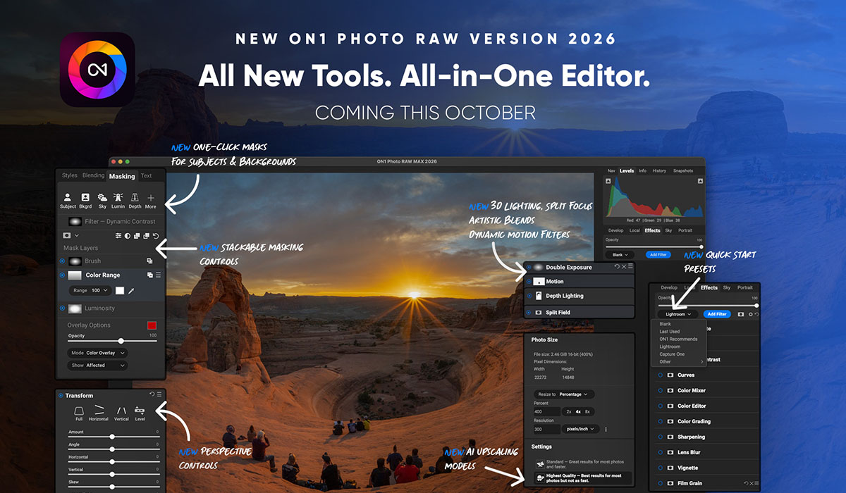 New ON1 Photo RAW Version 2026 All New Tools. All-in-One Editor. Coming This October